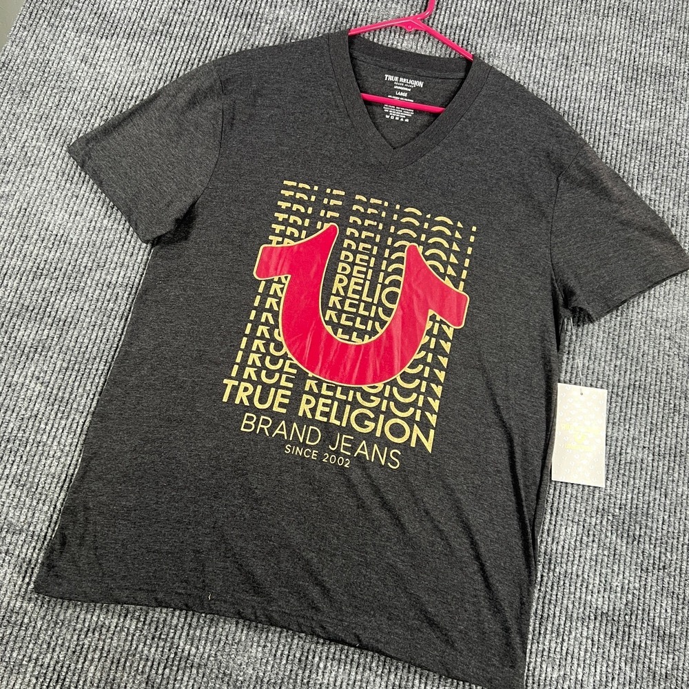 True Religion Shirt Mens Large Black Short Sleeve V Neck Loungewear Casual New